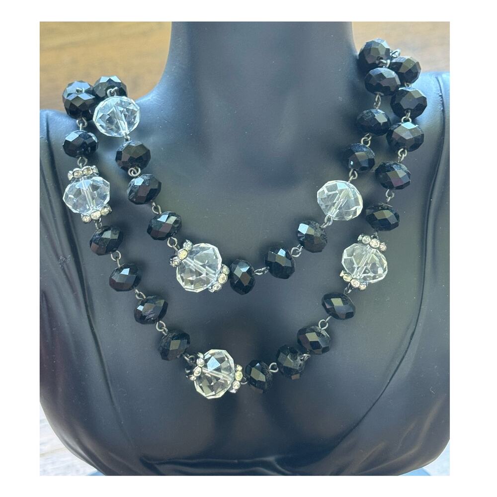 Crown Trifari Multi Chain Silver Tone Black Clear Bead Crystal Necklace